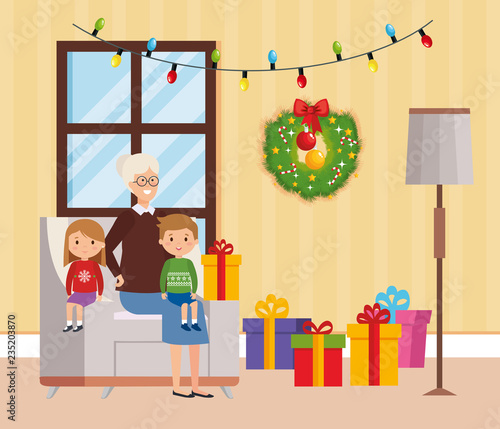 family in livingroom with christmas decoration