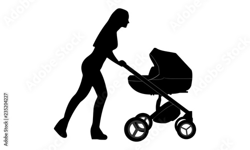  a woman's silhouette is pushing the baby carriage on a slightly uphill road.