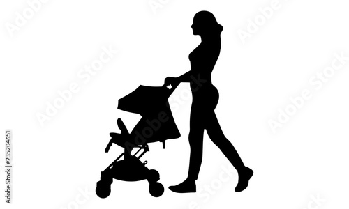 female silhouette pushes the baby carriage