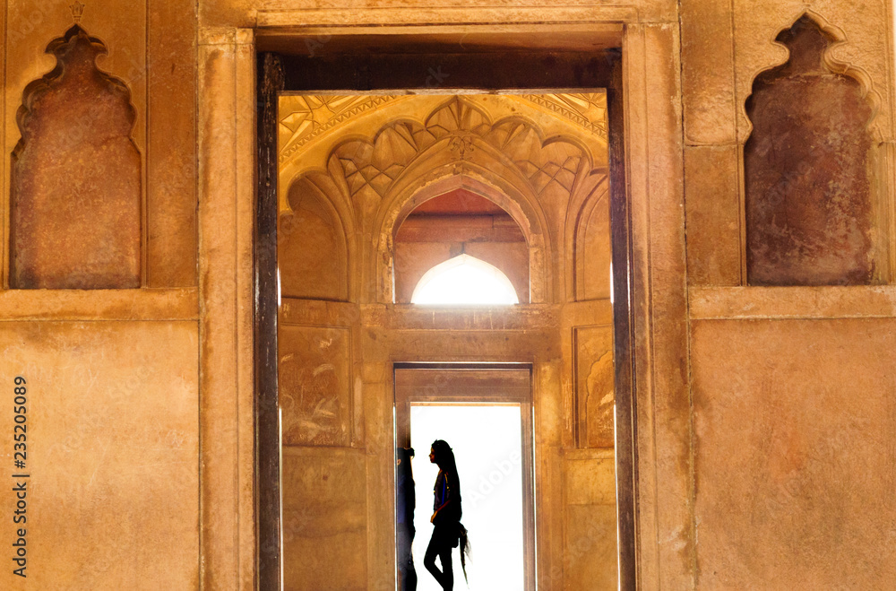 Red sandstone interior archways of Humayun's tomb delhi