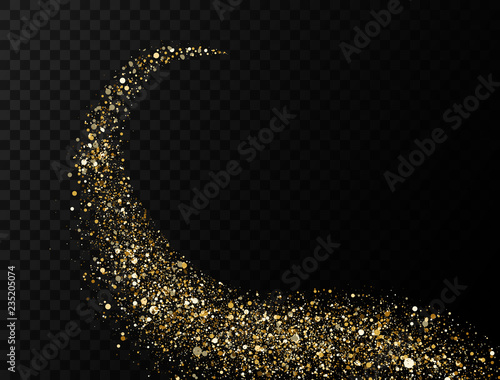 Glitter golden wave. Trail of sparkling particles on transparent background. Abstract gold flare trace. Light twist trail. Glittery twirl with confetti. Magic star dust. Vector illustration