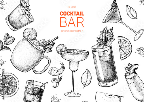 Alcoholic cocktails hand drawn vector illustration. Cocktails sketch set. Engraved style. Mai tai, moscow mule, margarita, bloody mary, bellini.