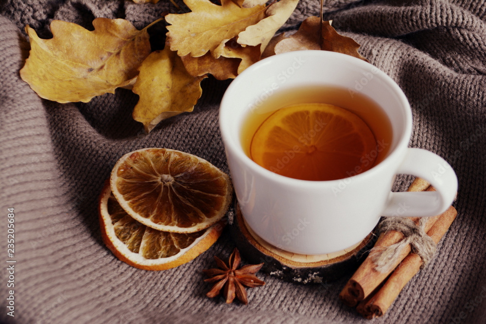 Cup of lemon tea dried oranges cinnamon Autumn concept Cozy home Cup of lemon tea dried oranges cinnamon Autumn concept Cozy home