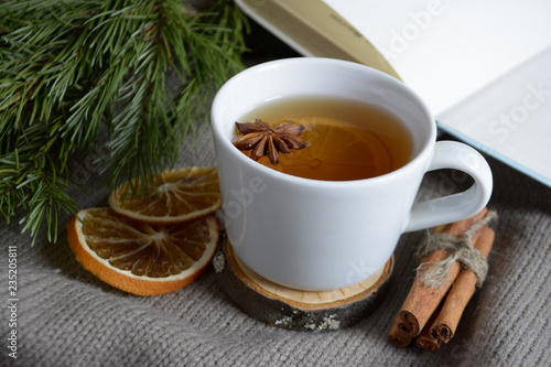 Cup of lemon tea dried oranges cinnamon fir branch Winter holidays concept Cozy home