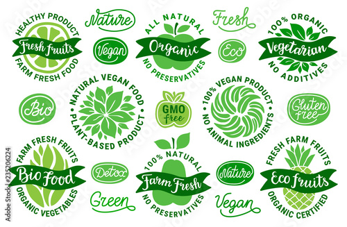 Healthy food vector sticker set.Bio,eco,green,farm fresh fruit,vegetarian,vegan,nature,detox lettering.All natural,no preservatives,animal ingredient,organic certified,plant-based product inscription