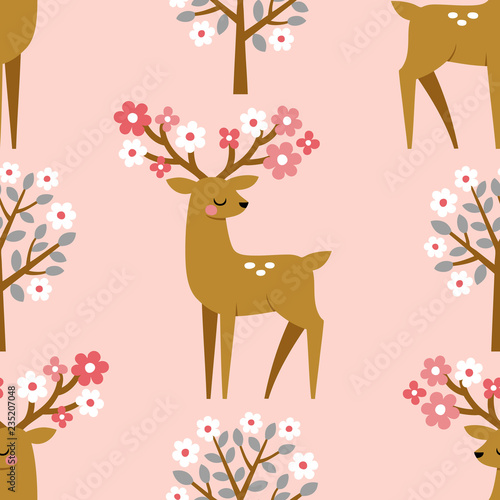 Seamless vector pattern with cute deers and blooming trees on pink background. 