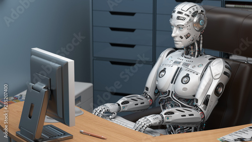 Futuristic robot or cyborg working at office using computer, studying  business ideas on a pc screen. 3D illustration. Stock Illustration | Adobe  Stock