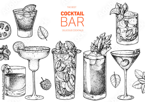 Alcoholic cocktails hand drawn vector illustration. Cocktails sketch set. Engraved style. Negroni, margarita, mojito, bloody mary, manhattan, mint julep.