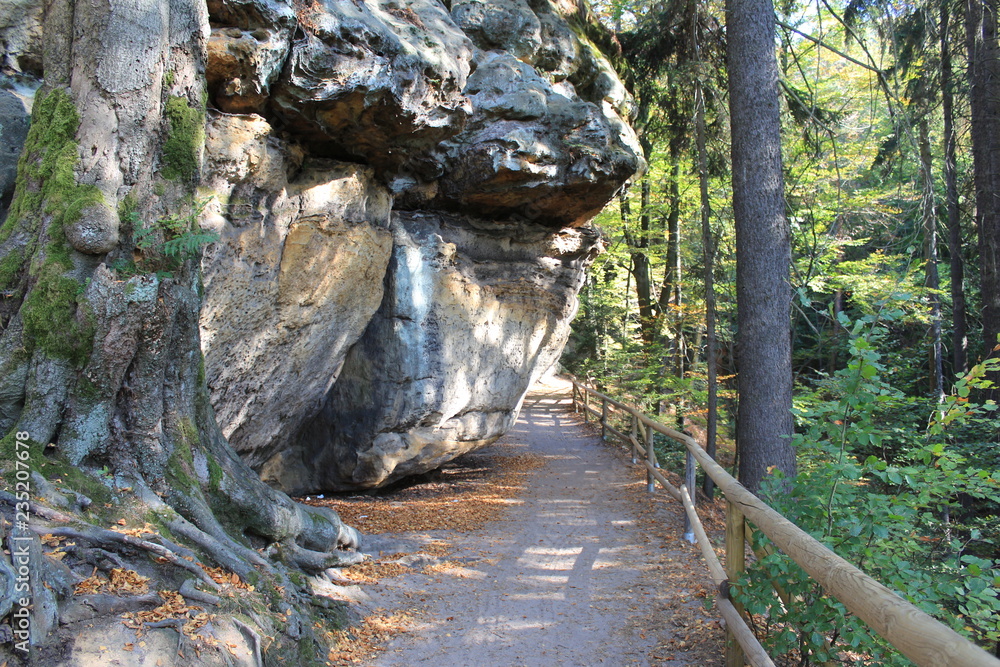 Czech Republic, Germany, National Park Czech Switzerland, 2018: Sandstone mountains covered with mixed and coniferous forest. Czech Republic, Germany, National Park Czech Switzerland, 2018: Sandstone mountains covered with mixed and coniferous forest.