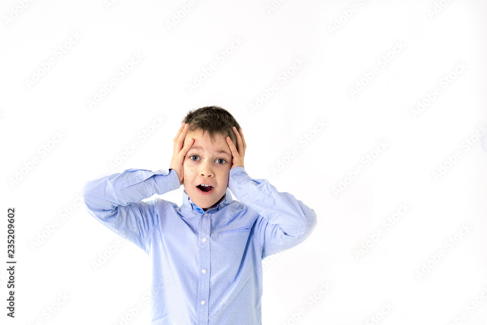 scared and surprised boy on white background scared and surprised boy on white background