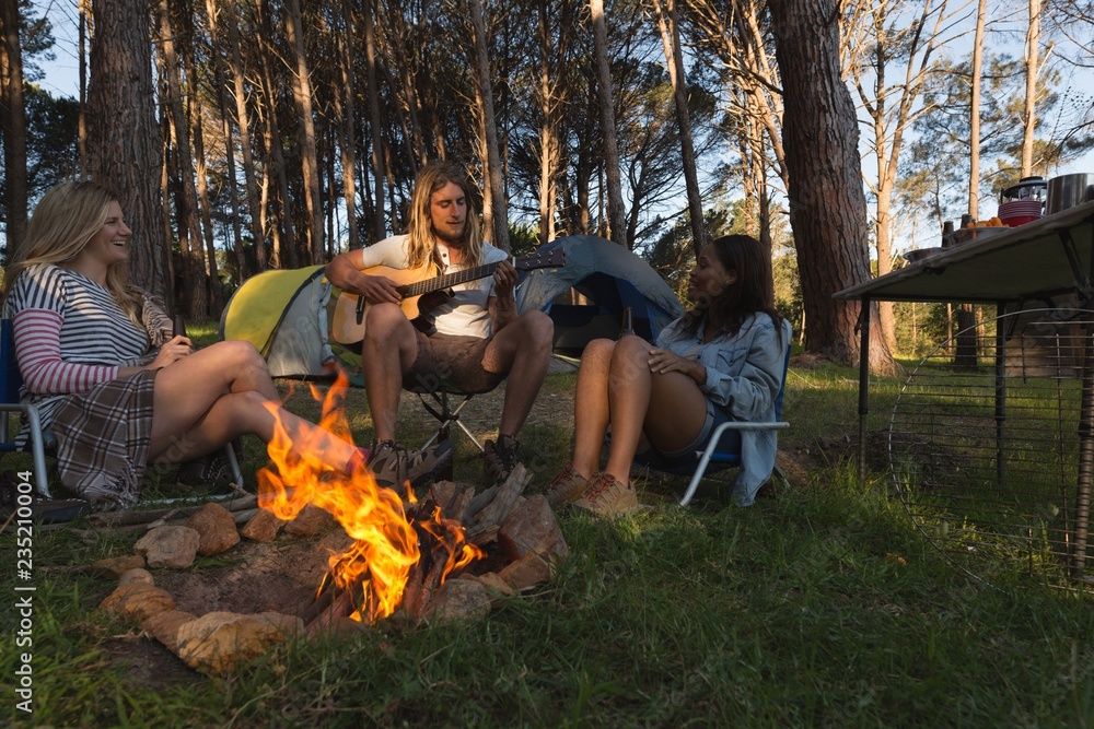 Group of friends having fun near bonfire Group of friends having fun near bonfire