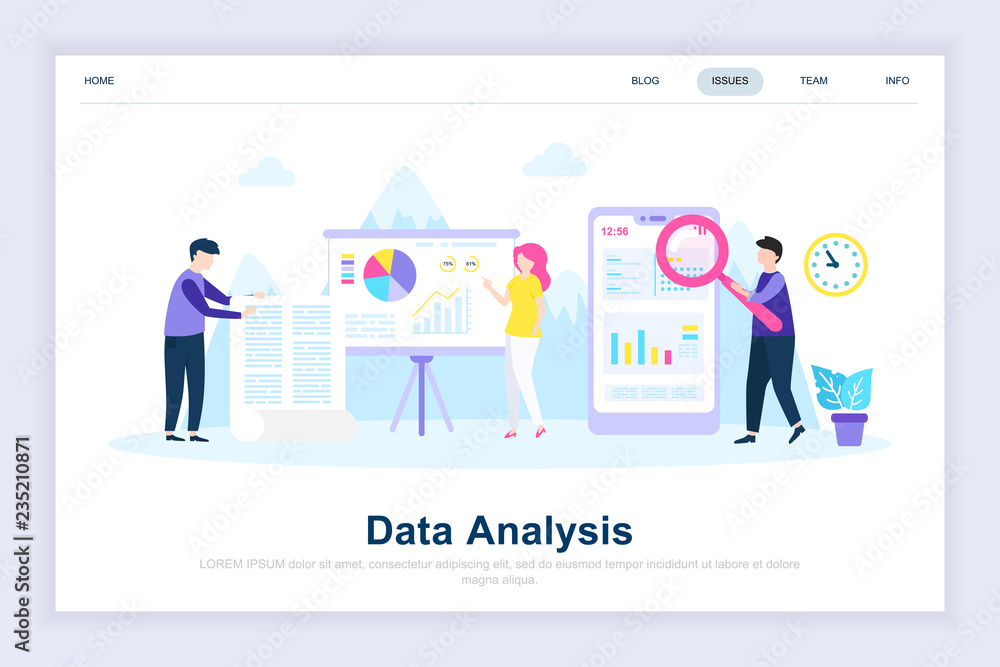 Data analysis modern flat design concept. Analytics and people concept. Landing page template. Conceptual flat vector illustration for web page, website and mobile website.