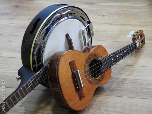 Close-up of two Brazilian string musical instruments: samba banjo and cavaquinho. They are widely used to accompany samba, the most famous Brazilian rhythm.