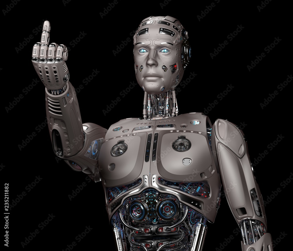 3D Render of futuristic robot man showing ''fuck you'' gesture. Isolated on black background. Illustration | Stock