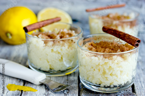 Portuguese rice pudding arroz doce with cinnamon and lemon