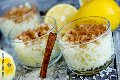 Portuguese rice pudding arroz doce with cinnamon and lemon