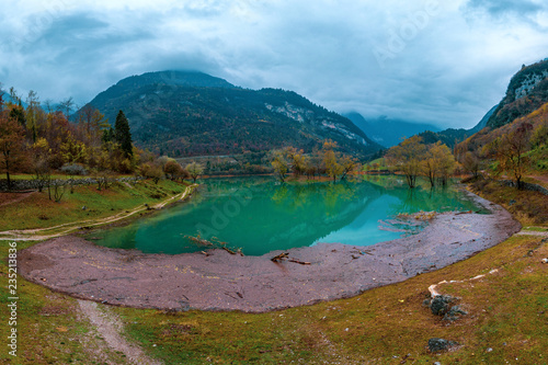 Arial View of Lake Tenno in autumn,Trento,Italy, Europa. Turquoise lake in the mountains