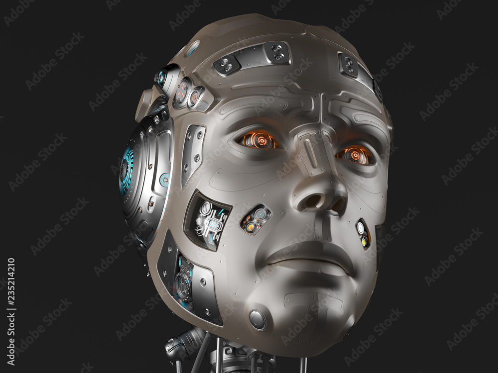 Futuristic robot head or cyborg face. Isolated on black background. 3D Render. Futuristic robot head or cyborg face. Isolated on black background. 3D Render.