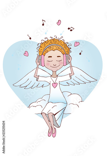 Angel in headphones listening to music. Valentine's Day greeting card.
