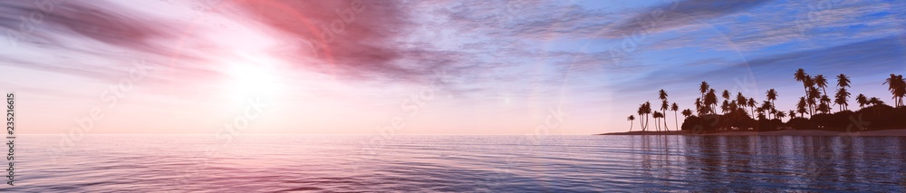 Sunset over the tropical sea, panorama of the seascape,

