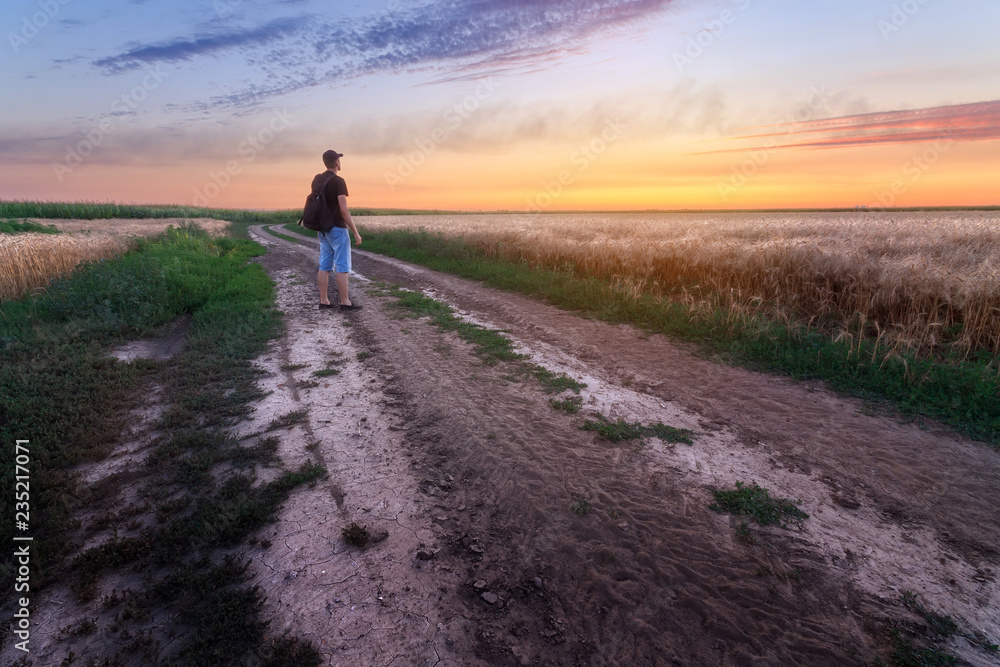 trail on the field during sunset / man watching the sunset evening landscape trail on the field during sunset / man watching the sunset evening landscape