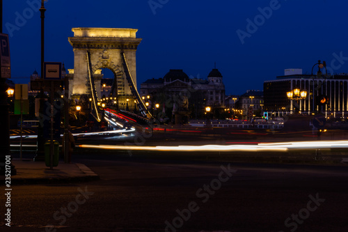 Light trails of cars on Chain Bridge in Budapest, Hungary
