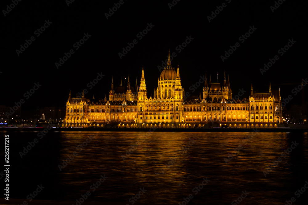 Night view of Hungarian Parliament Building, Budapest, Hungary