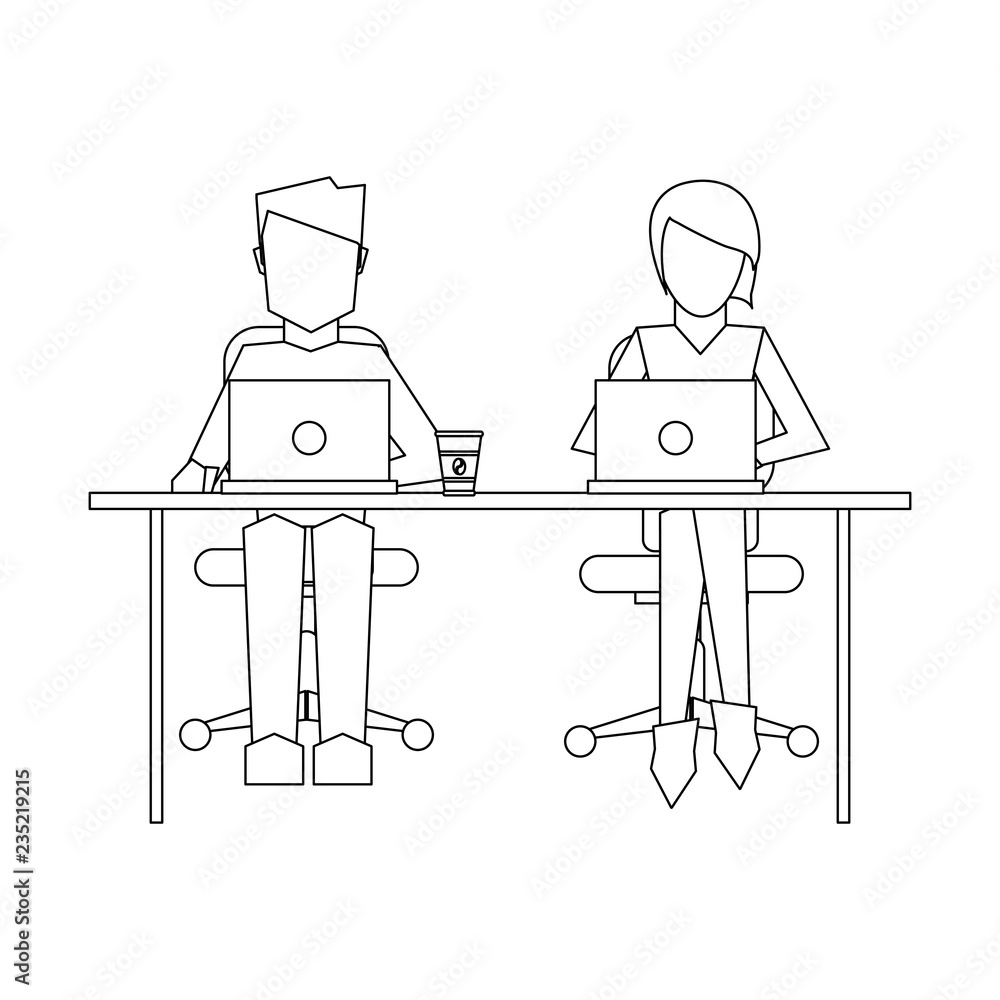 Business coworkers with laptop in black and white Business coworkers with laptop in black and white