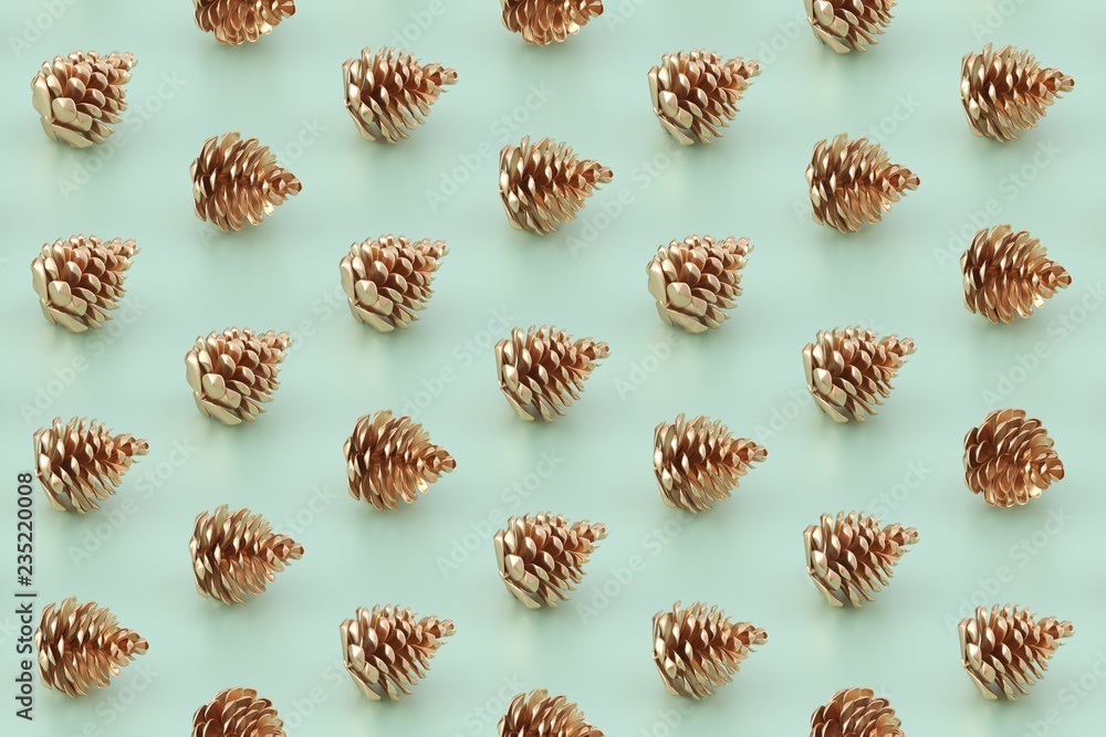 Minimal Christmas pattern. Golden pine cones on mint green background. 3D rendering. Minimal Christmas pattern. Golden pine cones on mint green background. 3D rendering.