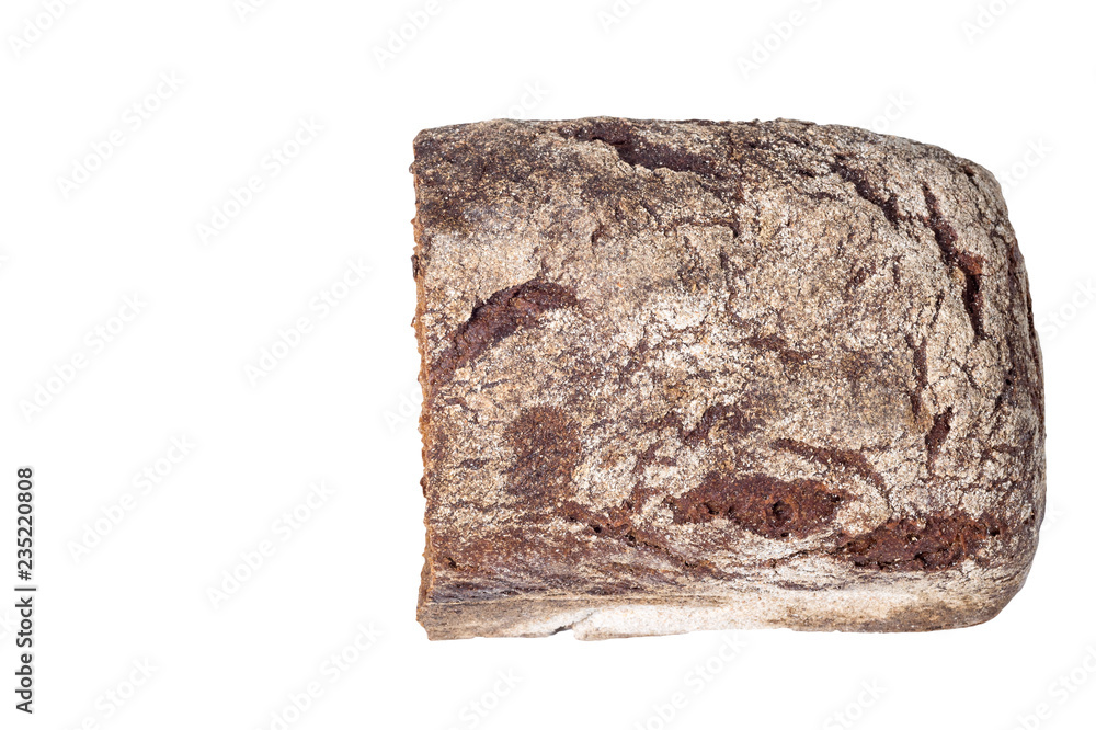 Half brick rye bread isolated on white. Top view