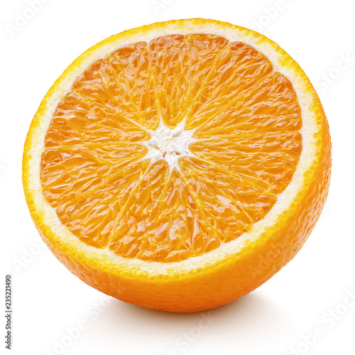 Ripe half of orange citrus fruit isolated on white background with clipping path. Full depth of field.
