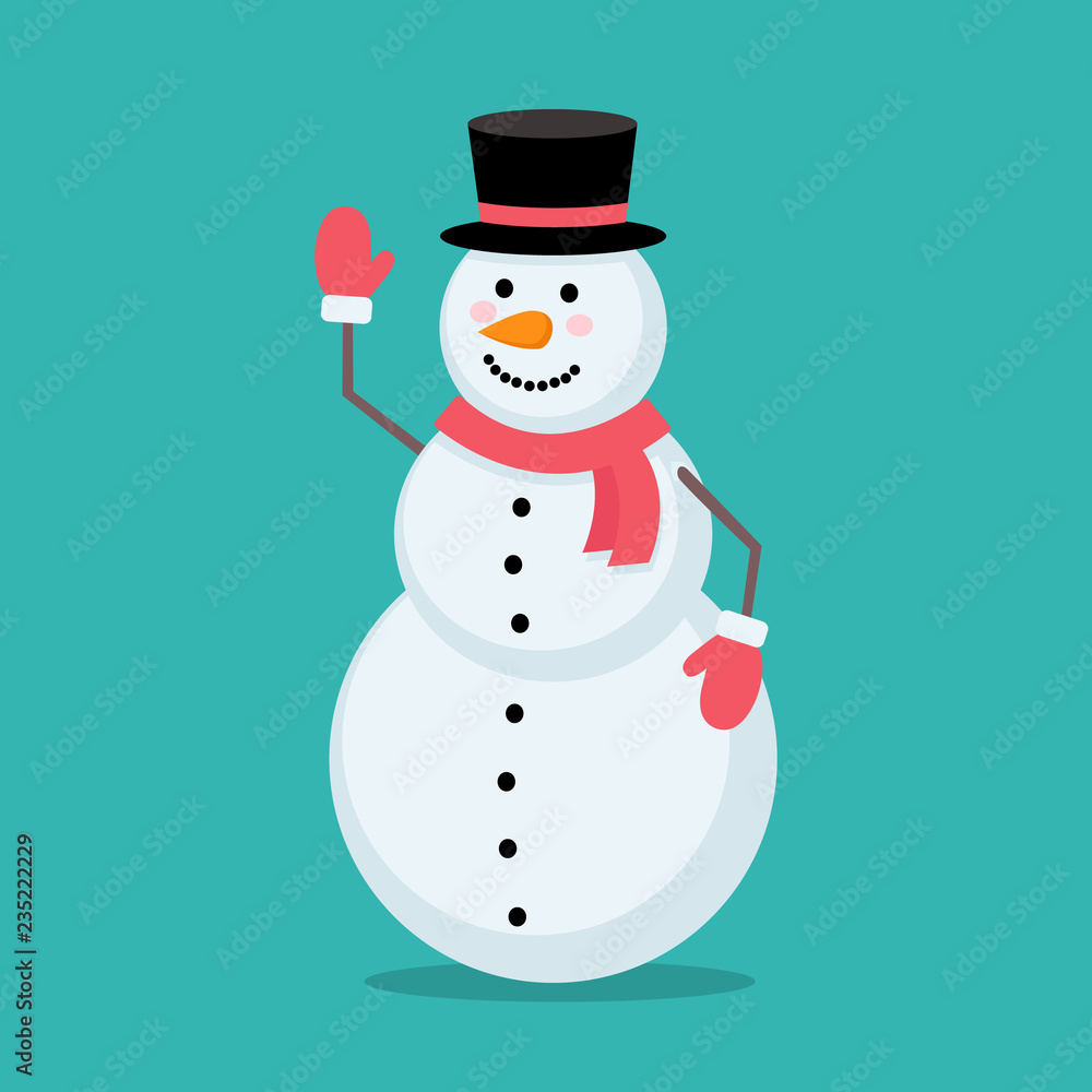 Happy cute snowman in black hat, red scarf and gloves isolated on green background. Vector illustration of snowman Happy cute snowman in black hat, red scarf and gloves isolated on green background. Vector illustration of snowman
