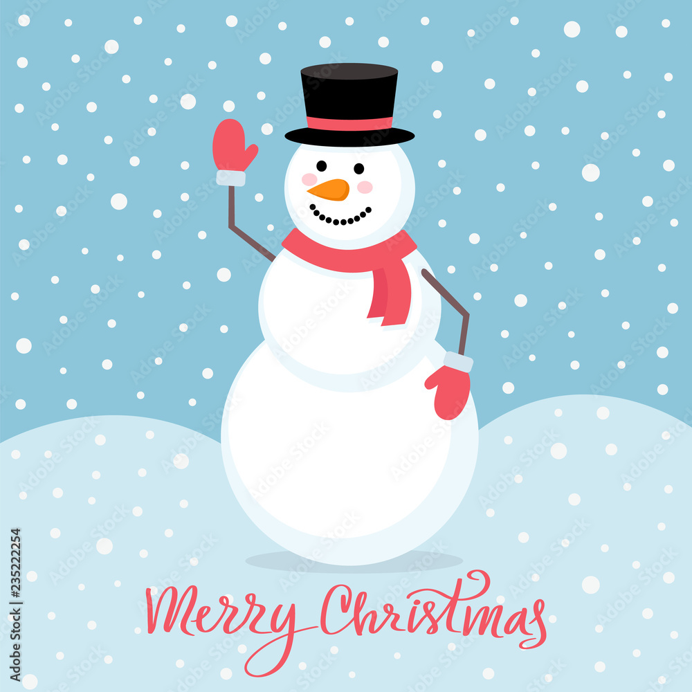 Happy cute snowman in black hat, red scarf and gloves on background with snowflakes. Merry Christmas greeting card template. Vector illustration of snowman Happy cute snowman in black hat, red scarf and gloves on background with snowflakes. Merry Christmas greeting card template. Vector illustration of snowman