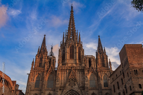 View of the gothic Cathedral of the Holy Cross and Saint Eulalia, or Barcelona Cathedral, seat of the Archbishop of Barcelona, Spain at sunset