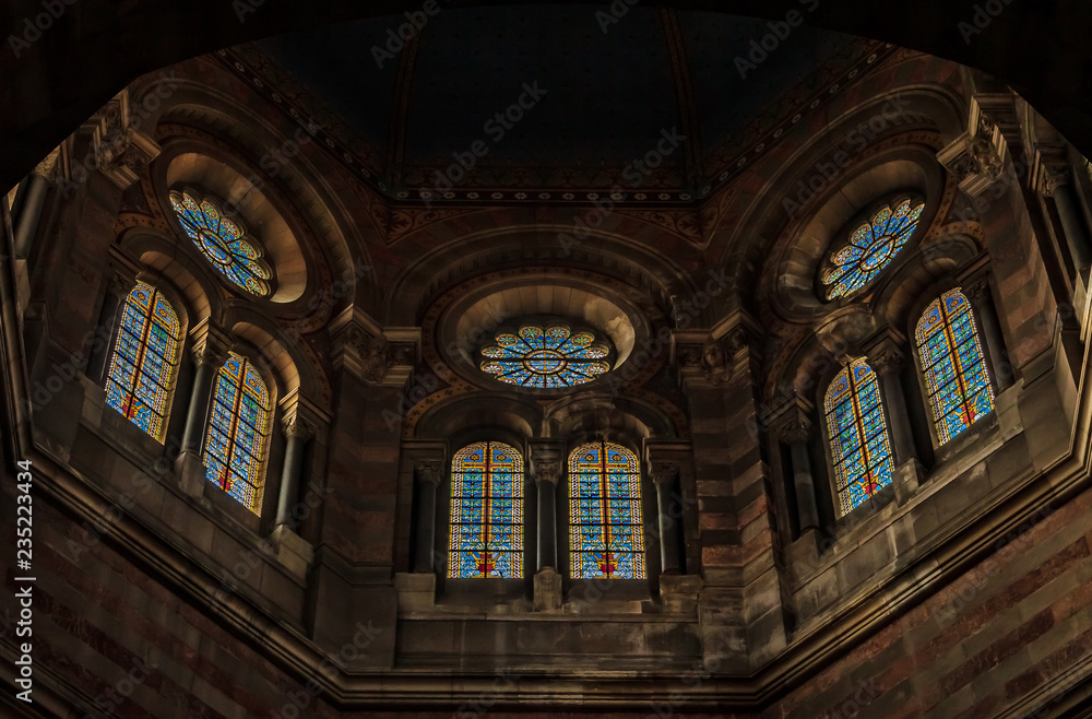 Ornate stained glass in the windows of Cathedrale La Major or Marseille Cathedral, a Roman Catholic cathedra in Marseille, France