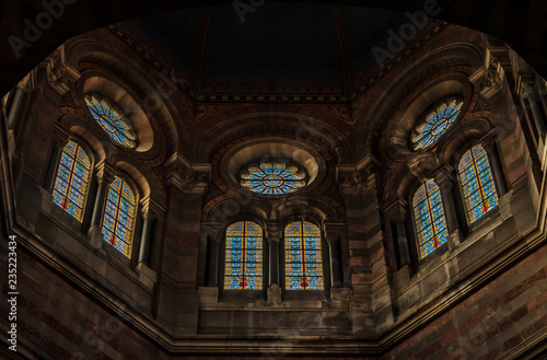 Ornate stained glass in the windows of Cathedrale La Major or Marseille Cathedral  a Roman Catholic cathedra in Marseille  France