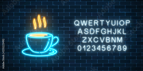 Glowing neon coffee cup icon with alphabet. Neon effect hot beverage or cafe sign.