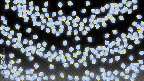 Vector Realistic Blue Petals Falling on Transparent Background.  Spring Romantic Flowers Illustration. Flying Petals. Sakura Spa Design. Blossom Confetti.