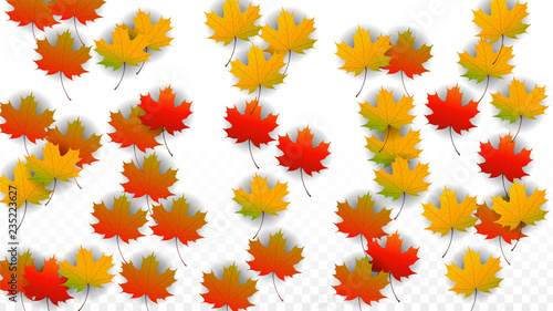 September Vector Background with Golden Falling Leaves. Autumn Illustration with Maple Red, Orange, Yellow Foliage. Isolated Leaf on Transparent Background. Bright Swirl. Suitable for Posters.