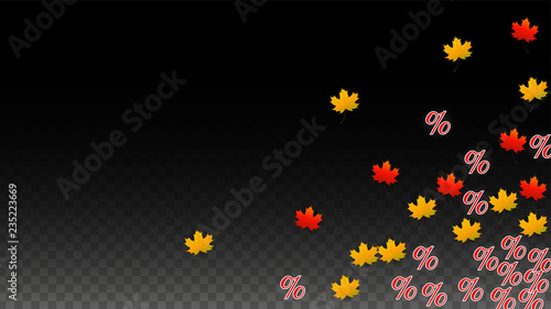 Vector Percentage Sign and Autumn Leaves Confetti on Transparent Background. Percent Sale Background. Business, Economics, Finance Print. Discount Illustration. Promotion poster. Black Friday Banner. 