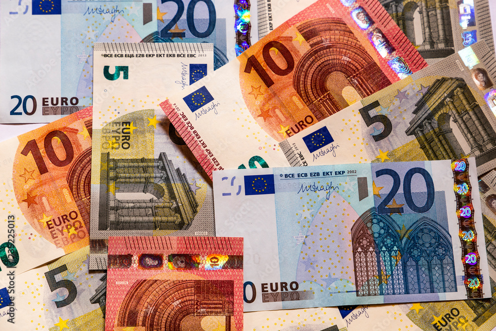 Pile of paper euro banknotes.