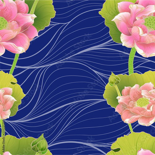 Vector. Lotus pans and buds. Seamless background pattern. Perfume and cosmetic plants. Wallpaper. Decorative composition. Use printed materials, signs, posters, postcards, packaging.