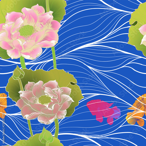 Vector. Lotus pans and buds. Seamless background pattern. Perfume and cosmetic plants. Wallpaper. Decorative composition. Use printed materials, signs, posters, postcards, packaging.