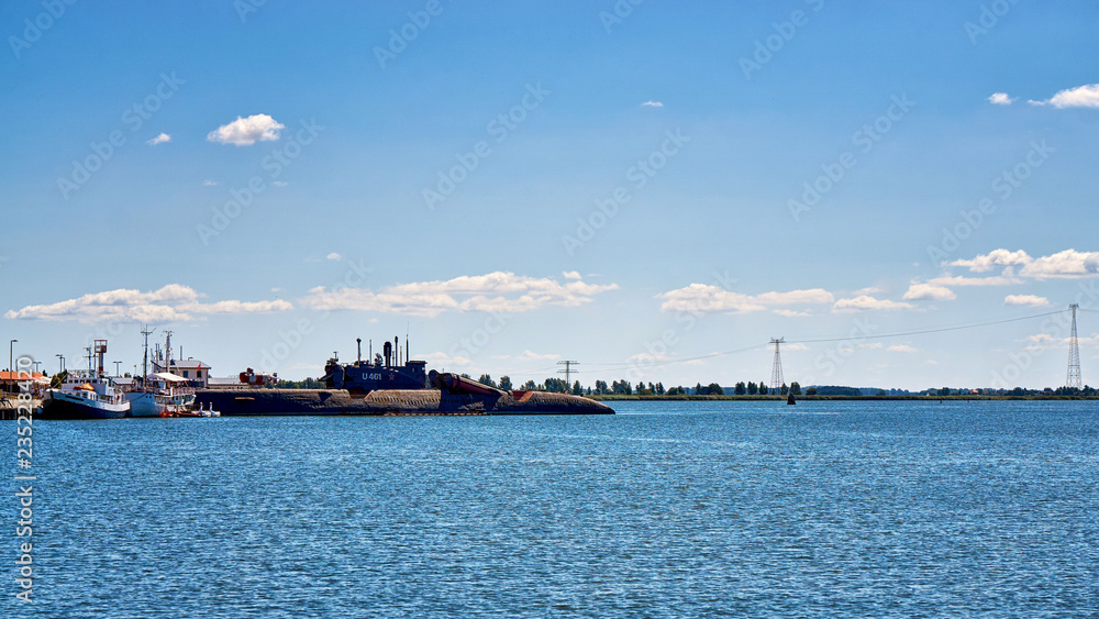 Panorama of the submarine in the port of Peenemünde on the Baltic Sea island of Usedom.