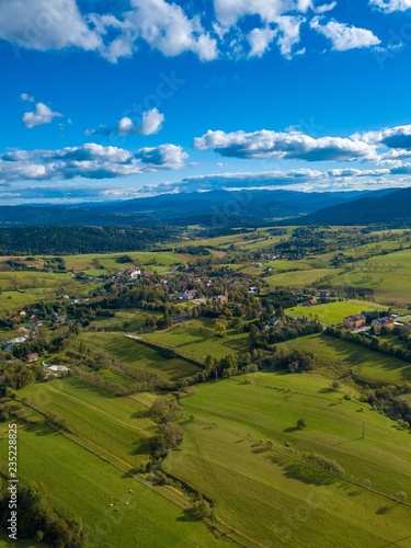 Aerial view on Lutowiska village in Bieszczady mountains in Poland © milosz_g