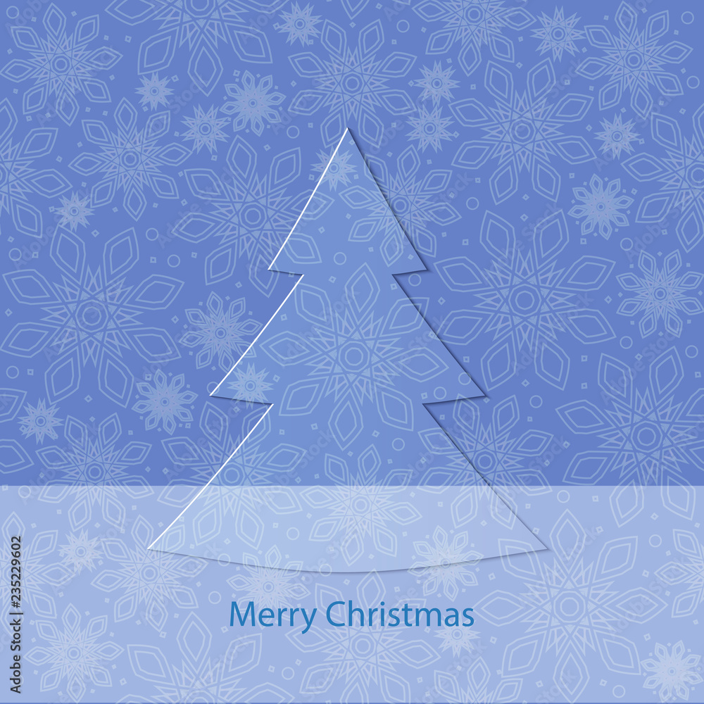 Christmas tree applique vector background. Holiday card with cut out Christmas tree and snowflakes Christmas tree applique vector background. Holiday card with cut out Christmas tree and snowflakes