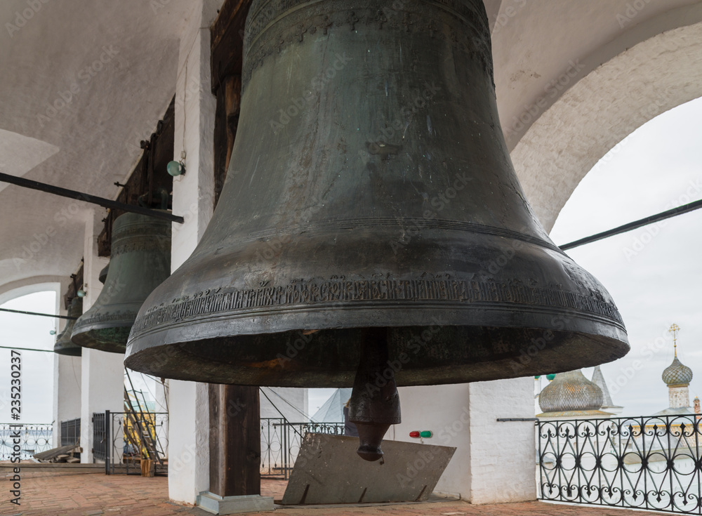 Bells (17th century) on Belfry of Assumption Cathedral (1682—1688) in Rostov Kremlin, Rostov, one of the oldest town and tourist center of Golden Ring, Yaroslavl Oblast, Russia
