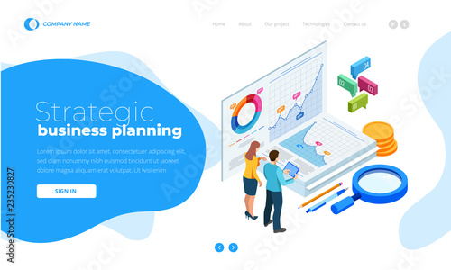 Isometric Analysis data and Investment. Stack of documents with an official stamp and pencils in a glass. Creative landing page design template.