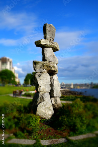 Tilt shift miniature style image of the Inuksuk Rocks in Vancouver, British Columbia