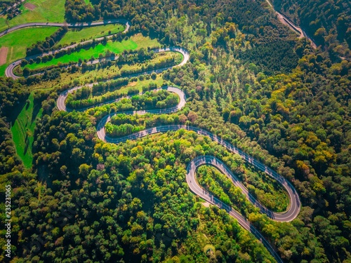 Serpentine road in Bieszczady mountains photographed from drone